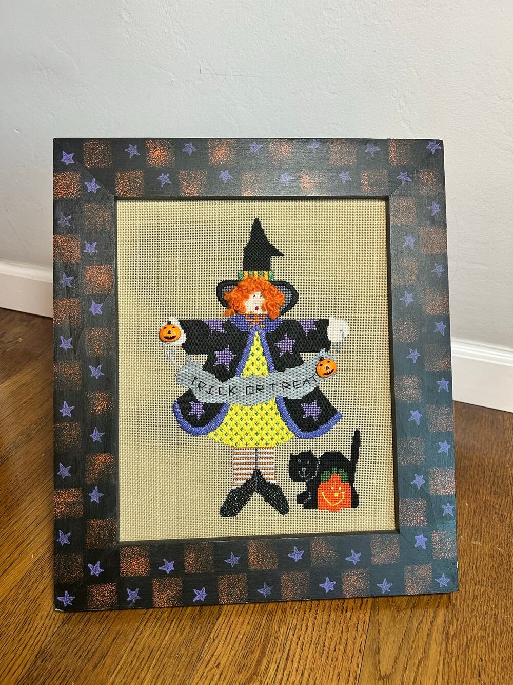 Halloween Witch Needlepoint Trick or Treat Framed Folk Art